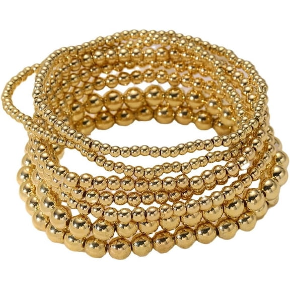 DESIGNICE Gold Beaded Bracelets Adjusatable 14K Gold Plated Stackable Bracelets Stretch Bead Ball Bracelet Set for Women 3MM 4MM 6MM 8MM Beads Jewelry