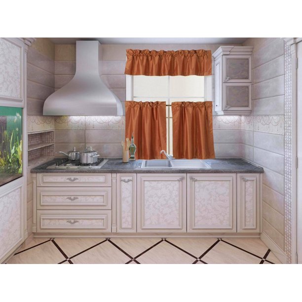 K3 Orange 3 Piece Blackout Rod Pocket Kitchen Window Curtain Set Darkening Tier Panels Treatment With Matching Valance Walmart Com Walmart Com