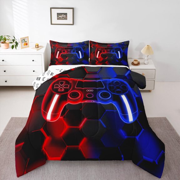 Erosebridal Red Blue Gamepad Bedding Twin Comforter Set, Gradient Geometric Down Comforter, Gaming Sports Reversible Comforter Sets Twin Size, Ultra Soft Bedroom Decor, 2pcs