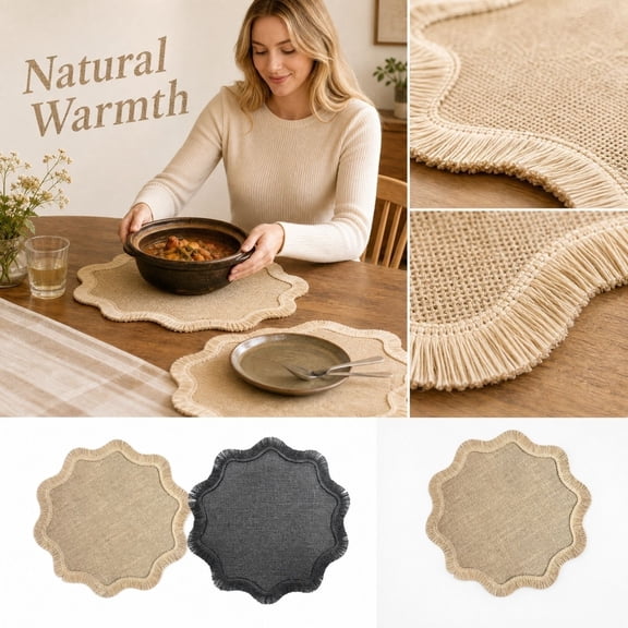 Round Jute Placemats, 15 Inch Diameter Woven Placemat, Fringed Placemat with Scalloped Edge, Heat Resistant Mat for Hot Dishes, Yellow Washable Stain Resistant Fabric Table Accent