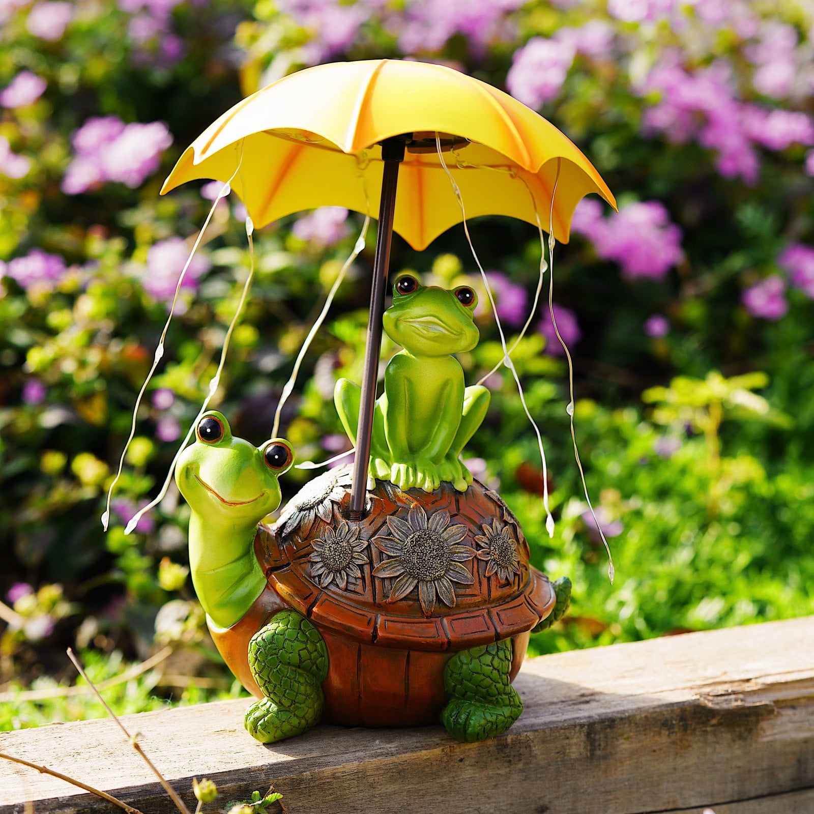 Hand-Painted Solar Garden Statue, Frogs Standing on Turtle Holding Umbrella with String Lights, Waterproof Outdoor Patio and Yard Art Decoration