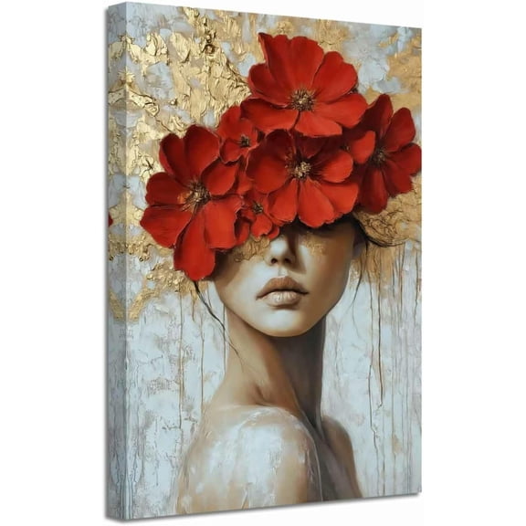 ZHONGYUTONG Gold and Gray Red Floral Wall Decor Abstract Blooming Flowers Picture Prints Abstract Women Canvas Neutral Art Poster Paintings for Girl Bedroom Bathroom (12.00" x 18.00")