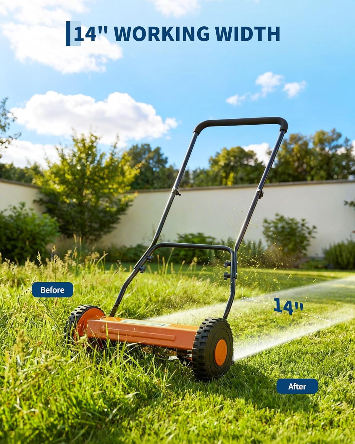 14in Push Reel Lawn Mower 5-Blade Manual Walk-Behind Mower Adjustable Cutting Height Compact Quiet for Small Yards and Easy Lawn Care