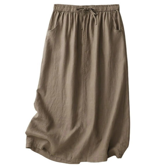 Arnsht Linen Skirts for Women Spring Summer A Line Elastic High Waisted Casual Versatile Midi Long Skirt with Pockets Brown XL