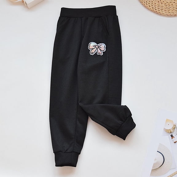 qolati Toddler Kids Girls Sweatpants Cotton Active Jogger Pants Sequin Bow Embroidery Print Casual Athletic Trousers with Pockets Black 3 Years