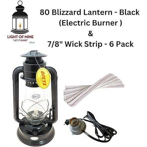 Light of Mine - Dietz #80 Blizzard Oil Burning Lantern (Electric Burner - Black) - 6 pack of 7/8" wick strips
