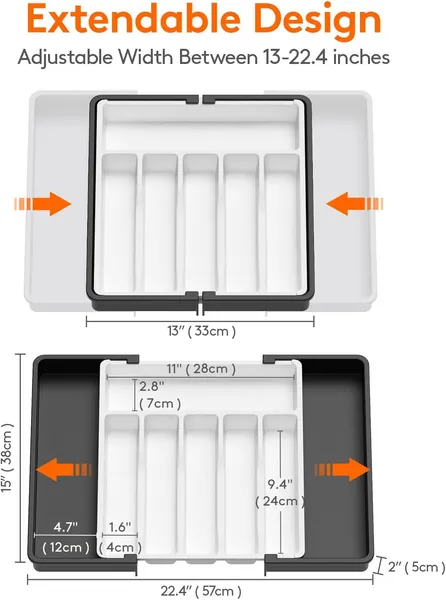Silverware Drawer Organizer, Expandable Utensil Tray for Kitchen, BPA Free Flatware and Cutlery Holder, Adjustable Plastic Storage for Spoons Forks Knives, 13-22 x 15", White&Black