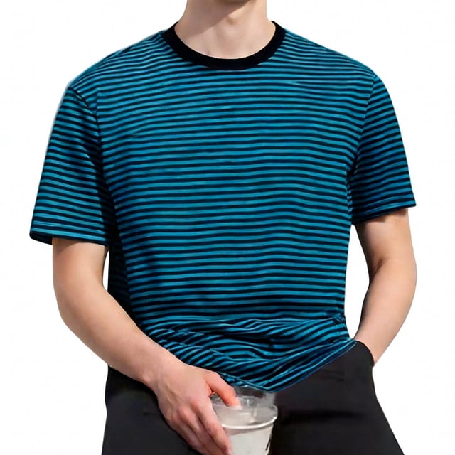 Blusas y camisas de manga corta y cuello redondo para hombre. Camisetas de rayas de manga corta y cuello redondo para hombre, informales y a la moda.