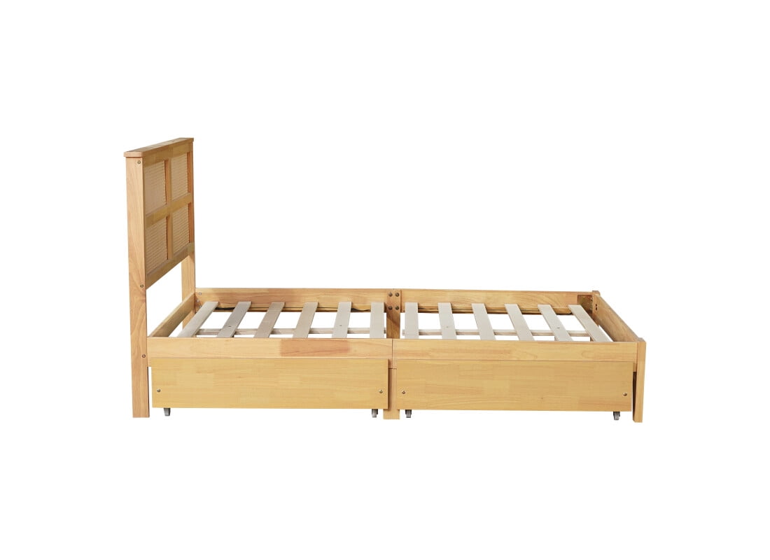 Full Size Rubberwood Bed Frame with Rattan Headboard and Reinforced Support Feet, Wooden Platform Bed Frame with Slat Support, 2 Storage Drawers, No Box Spring Required, White Oak