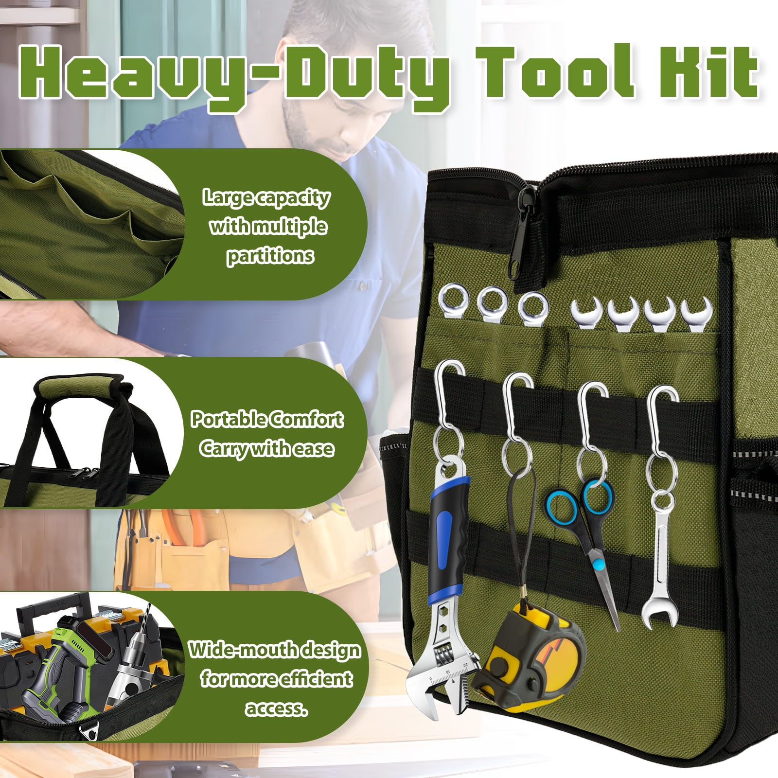 Heavy Duty Tool Bag 16 Inch，Portable Empty Tool Box Organizer with Multi Pocket and Wide Mouth for Repairmen Electrician Carpenter