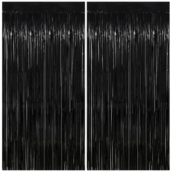 2 Pack Black Streamer 3.2 x 6.56 FT - Black Tinsel Foil Fringe Backdrop Curtains