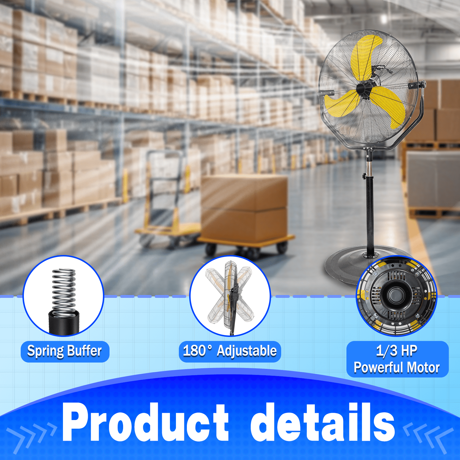 7500 CFM Industrial 30" Pedestal Fan, Powerful Heavy Duty, Commercial Fan for Warehouses, Factories, and Large Spaces, Adjustable Height, 180° Tilt Adjustment, High Velocity Air Circulation