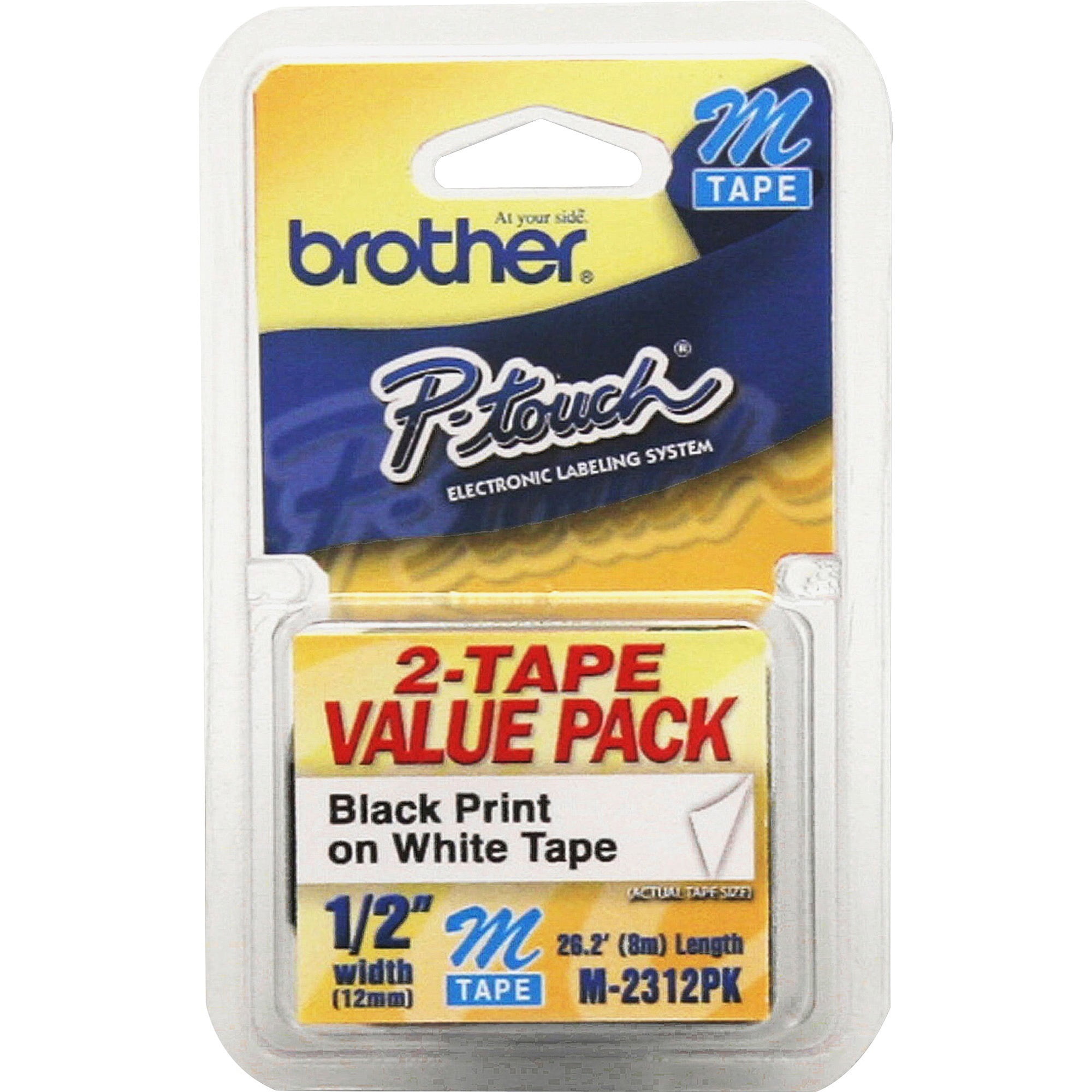 Brother M2312PK Label-Making Tape M 12mm (0.47') x 8.0 m (26.2 ft), Black on White Non-Laminated, 2 Pack