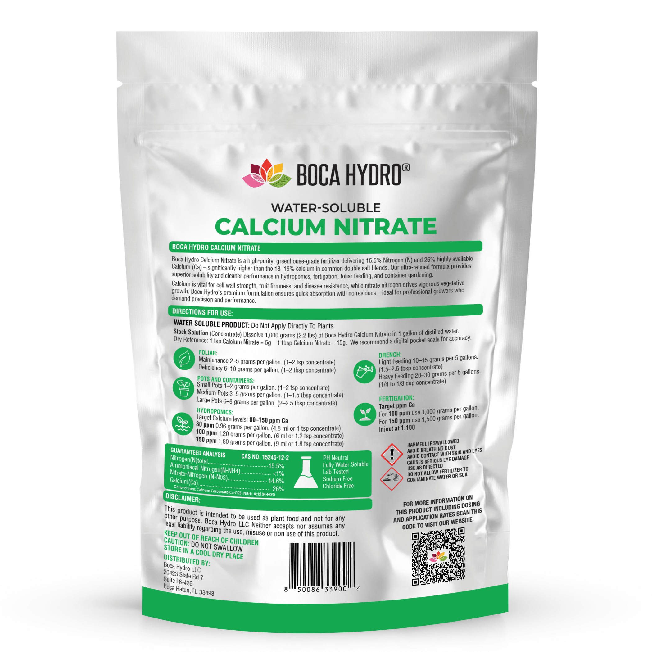Boca Hydro Calcium Nitrate Fertilizer 15.5-0-0 Plus 26% Calcium – High Purity Greenhouse Grade for Hydroponics, Soil, Fertigation, Foliar – Chloride-Free, Fast-Dissolving