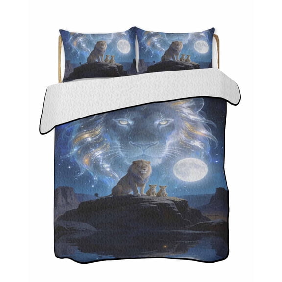 Quilts Full Size Bedding Set, Aesthetic Lions Lightweight Quilted Comforter, Black Mountains Moon Night Blue Ombre Soft Reversible Bedspread Coverlet with Pillow Covers for All Season, 78" x 90"