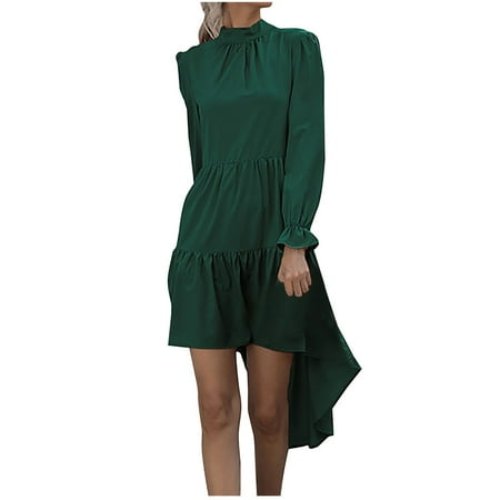 ShomPort Women s Elegant Ruffle Long Sleeve Mock Neck Mini Dress Fall 2023 Cocktail Party Wedding Guest Dress