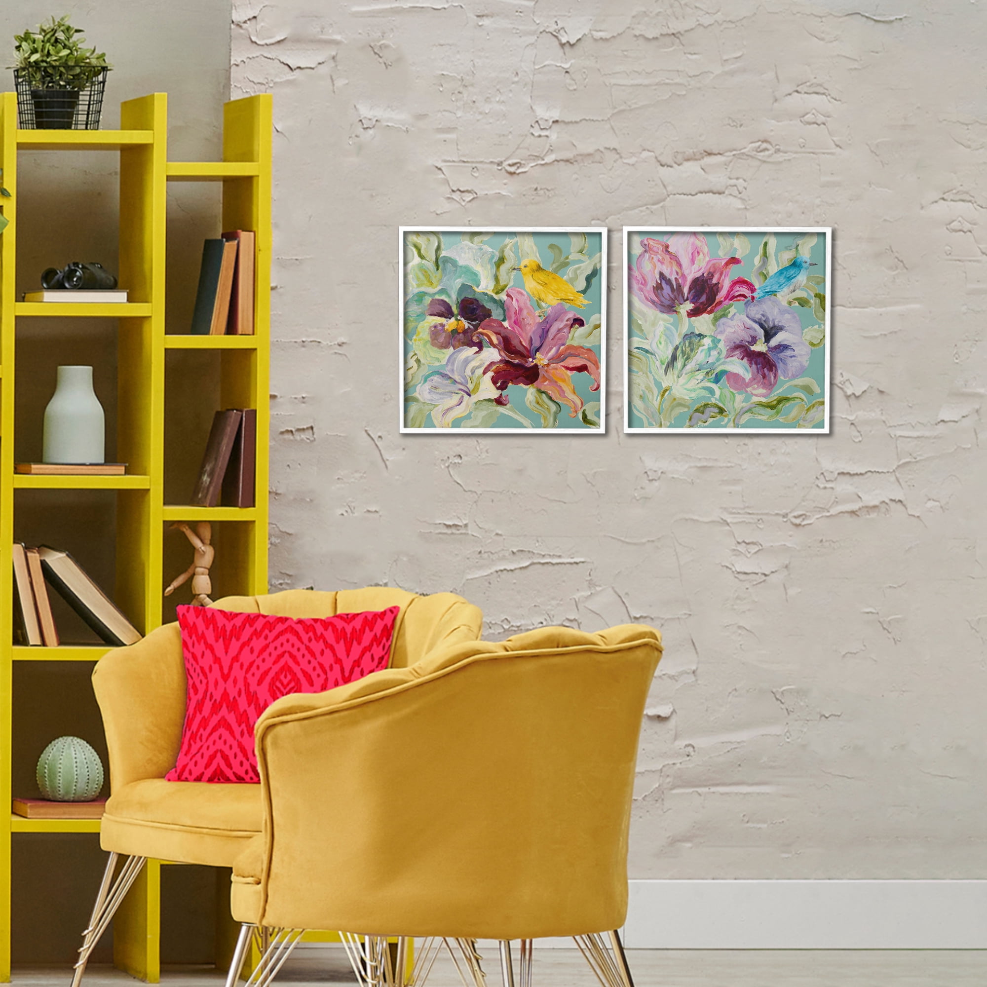Stupell Industries Lyrical Garden Canaries 2 Piece White Framed Giclee Art Set, design by Lanie Loreth