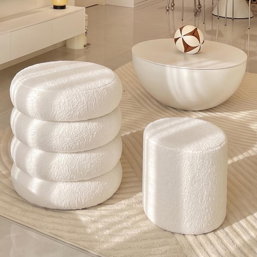 Round Ottoman 16.5 Inch, Storage Stool with Removable Lid for Living Room and Bedroom, Set of 2 Vanity Stools and Foot Rest, Beige