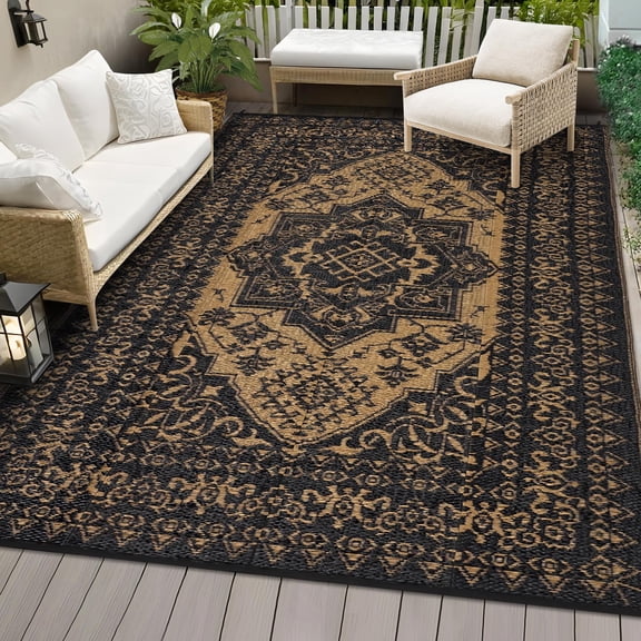Outdoor Patio Rugs 9x12 Waterproof Reversible Plastic Straw Mat, Large Vintage Medallion Boho Area Rug Indoor Outdoor Rugs for Deck, Balcony, Pool, Camping, Beach, Picnic, Porch, RV,Black&Brown