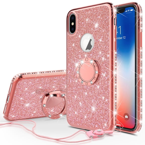 For Apple iPhone Xs / X Case, Slim Soft TPU Glitter Bling Rhinestone Crystal Luxury Protective Cover w/ Finger Style Ring KickStand - Rose Gold