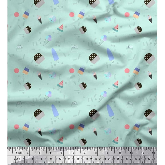 Soimoi Green Cotton Voile Fabric Ice Cream & Cupcakes Food Printed Fabric 1 Yard 42 Inch Wide