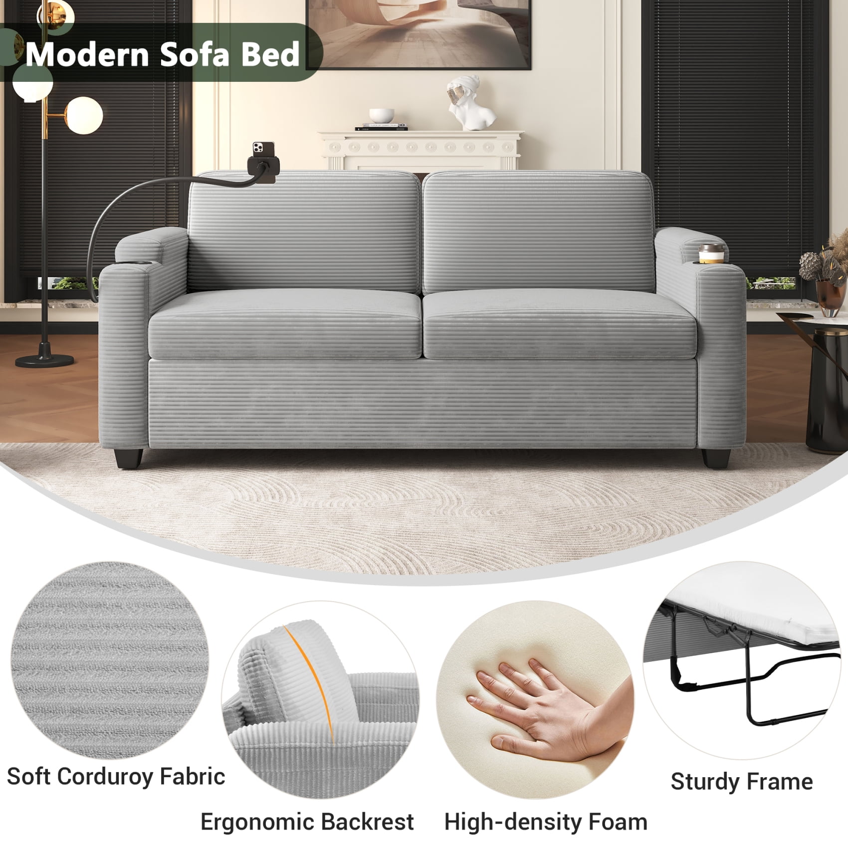 Harper & Bright Designs Corduroy Sleeper Sofa with Full Size Mattress, Convertible Pull-Out Sofa Bed with USB Charging Ports and Cup Holders & Phone Holder for Small Spaces Apartments, 72.8" Grey