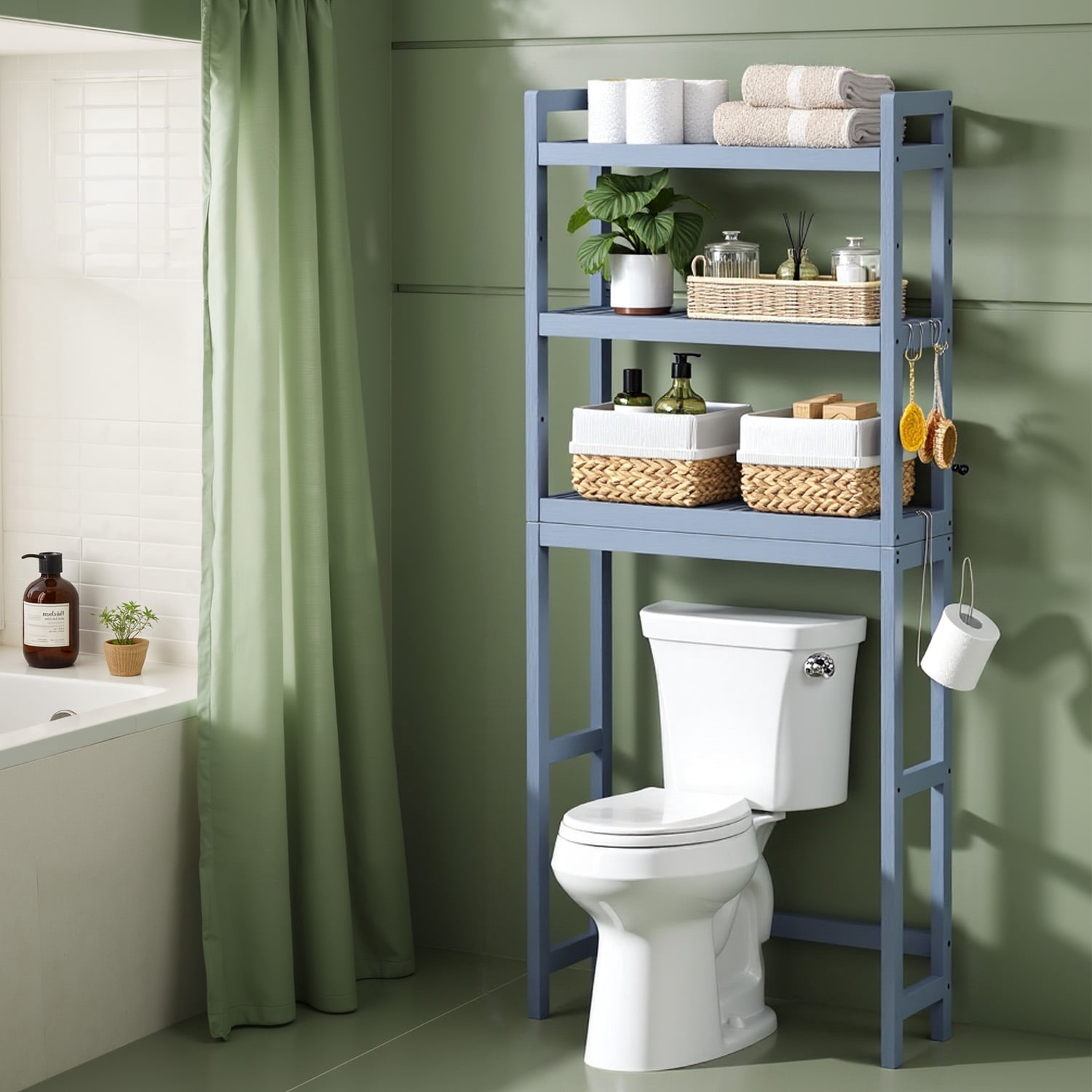 LEDREM over the Toilet Storage Shelf, 3-Tier Bathroom Organizer Adjustable Saver Space Rack with Toilet Paper Holder,Gray