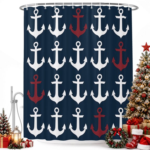 Ocean Nautical White and Red Ship's Anchor Shower Curtain for Bathroom, Dark Blue Waterproof Shower Curtains Washable Quick Dry with Hooks Bathtub Curtains 36x72IN