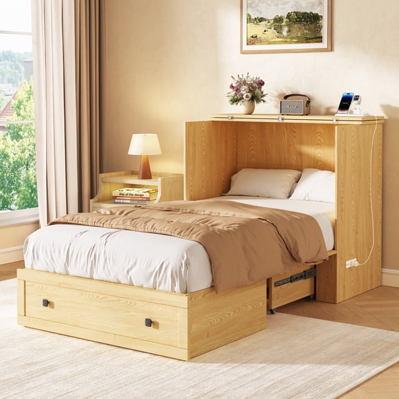 Farmhouse Murphy Bed with Storage and Build-in Charging Station for Bedroom, Guest Room, Twin Size