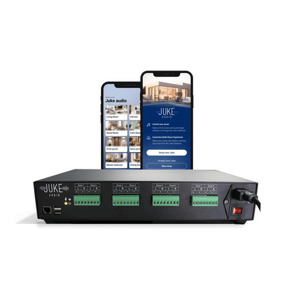 Juke-6 | 6 Zone Audio Amplifier | Wirelessly Controlled Multi-Room Audio System | Compatible with Airplay 2, Spotify Connect, Bluetooth, DLNA