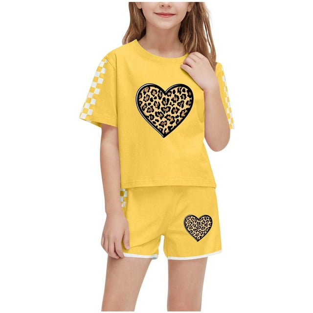 Zpanxa Ensembles d'Été pour Filles Mode Décontractée Manches Courtes Col Rond Col Bouton Imprimé Ensembles de Shorts 5 Ans