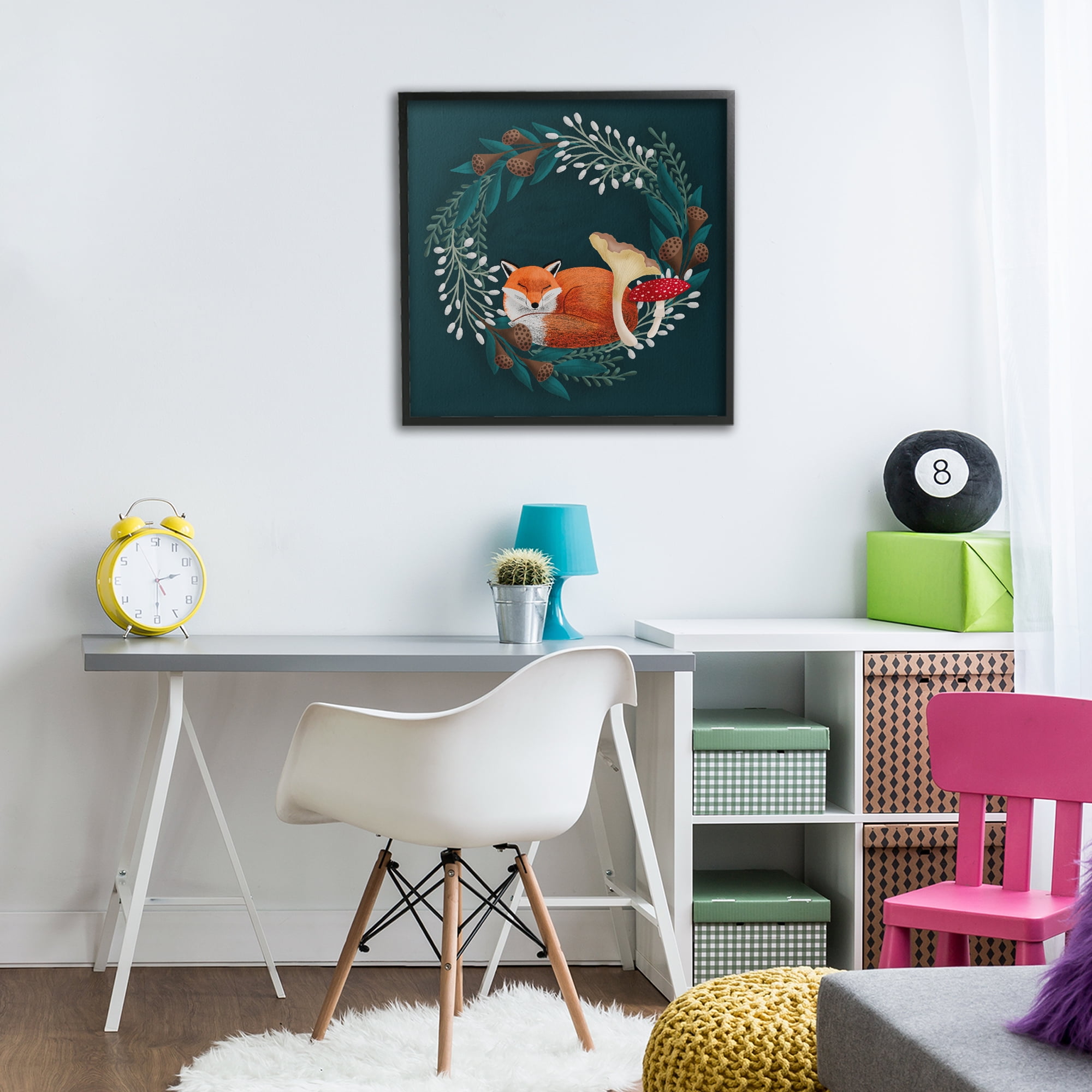 Sleepy Fox in Botanical Wreath Black Framed Giclee Art, design by Metka Hiti