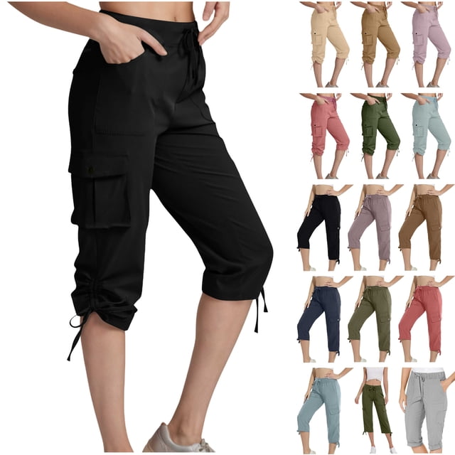 QATAINLAV Capris de Randonnée pour Femmes avec Poches Été Cargo Légers Pantalons Capri de Voyage Unis Décontractés Bas Resserré Pantalons de Survêtement Raccourcis Soldes Prime Day Kaki TTG