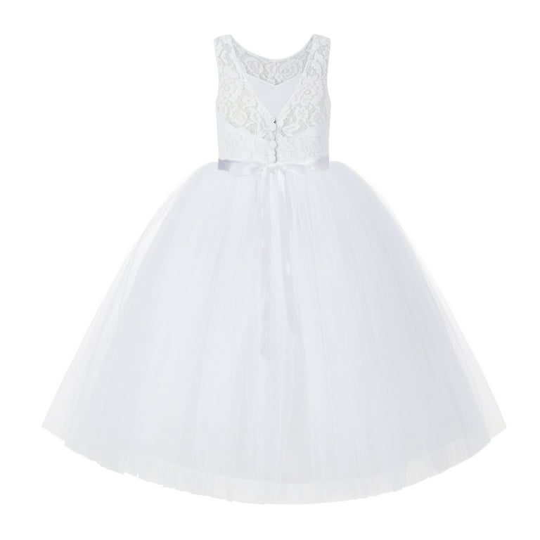 Ekidsbridal V-Back White Lace Tutu Tulle Flower Girl Dress