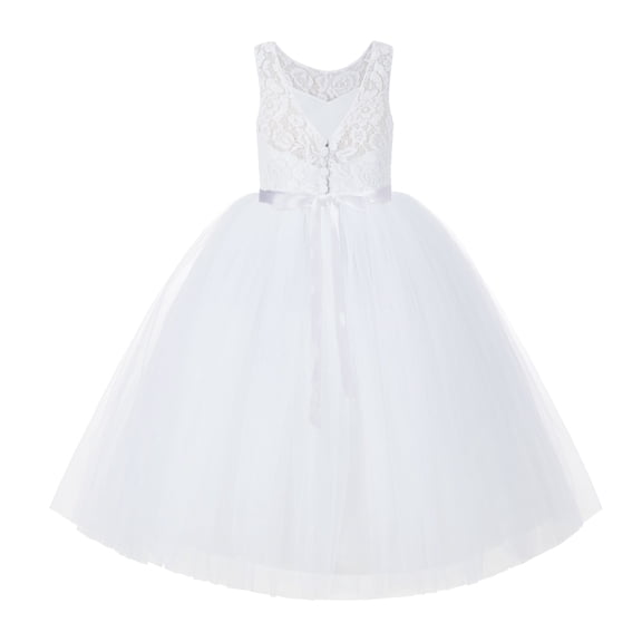 Ekidsbridal Girl Wedding Flower Girl Dress - White V-Back Lace Tulle Tutu with Rhinestone Sash 212R2-A (Size: 2-10)