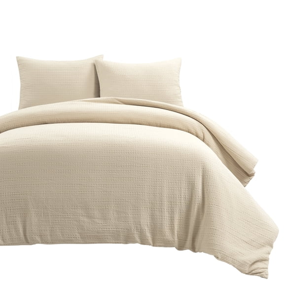 Lush Decor Haniya Solid Waffle Woven Textured Cotton Duvet Cover Set, 3 Piece Set, Full/ Queen, Neutral - Soft Waffle Duvet Cover - Neutral Bedding Set - Minimalist, Modern & Farmhouse Bedroom Decor