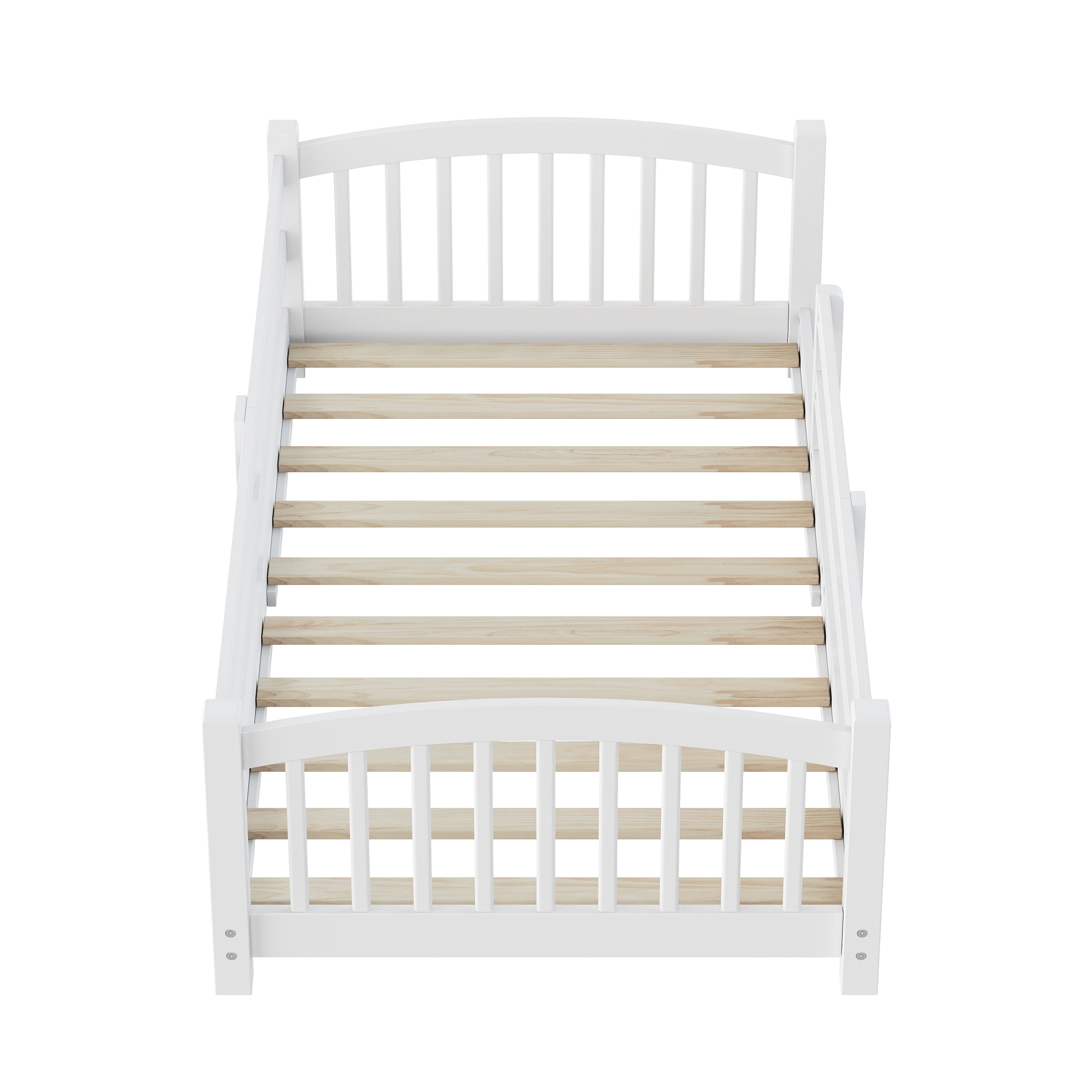 MODERNLUXE Twin Floor Bed with Slats and Safety Guardrails, Montessori Floor Bed with Fence and 1 Opening,Solid Wood Twin Size Bed Frame for Girls and Boys, White