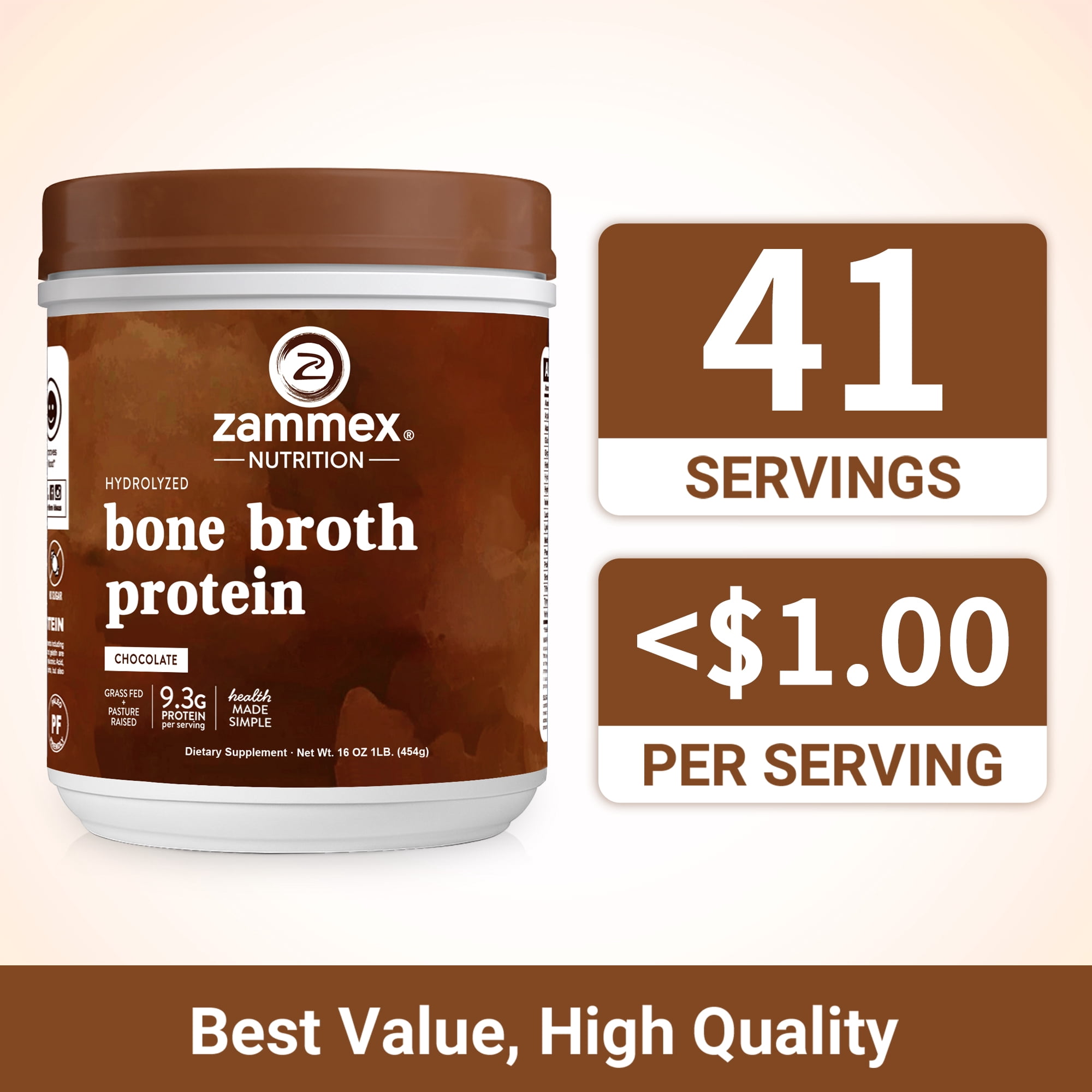 Zammex Bone Broth Powder Chocolate Flavor 1 lb, Grass Fed Beef Bone Broth Protein Powder with Hydrolyzed Collagen Peptides, 41 Servings