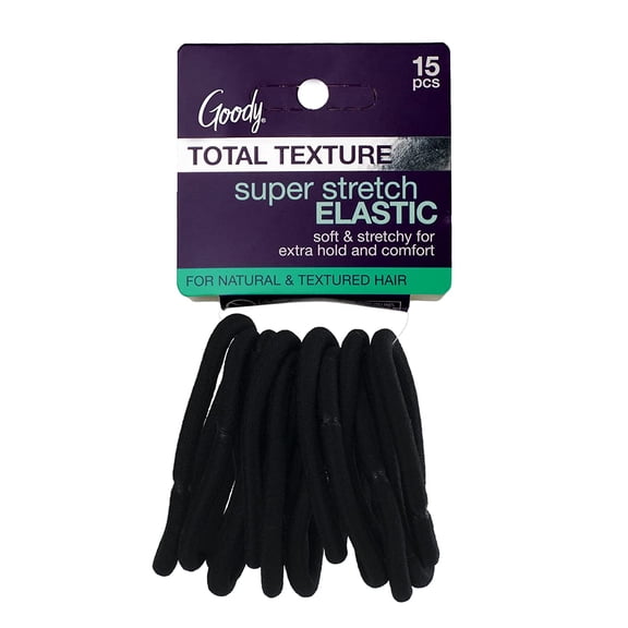 Goody Total Texture Super Stretch Elastics - 15 Count, Black - Suitable for All Hair Types - Ouchless Pain-Free Hair Accessories for Women and Girls - All Day Comfort Won't Break or Snag Your Hair