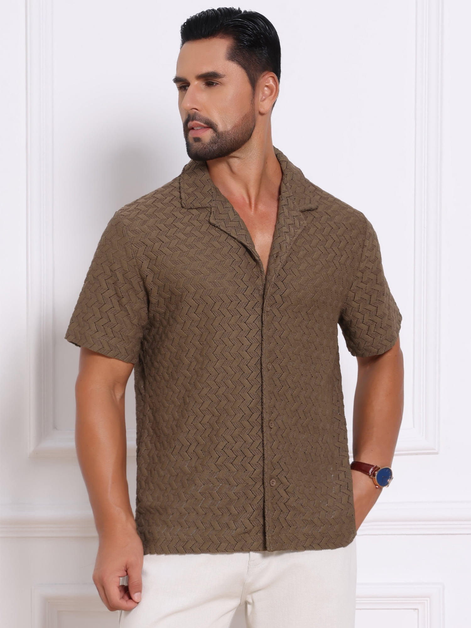 DARING DIVA Men's Hollow Jacquard Camp Collar Short Sleeve Beach Texture Shirts 2XL Brown
