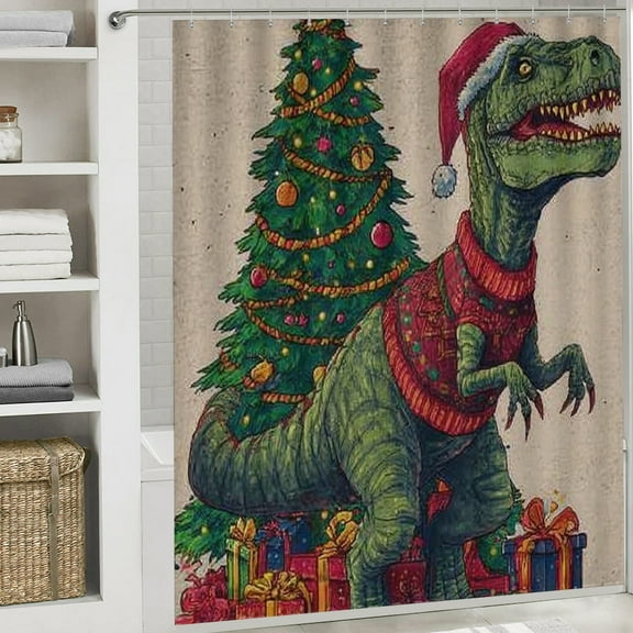 Christmas Shower Curtain, Christmas Dinosaur Theme Curtain with Hooks for Home Bathroom Decor Washable Curtains, 72x72 in