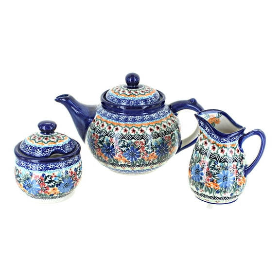 Blue Rose Polish Pottery Ashley 3 Piece Tea Set