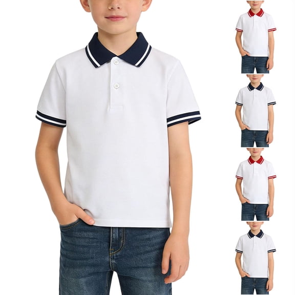 Afuyipoi Boys T-Shirt (For 3-14), Soft Cotton Short Sleeve Striped Button-Up Casual Pullover Top Dark Blue 14-15 Years