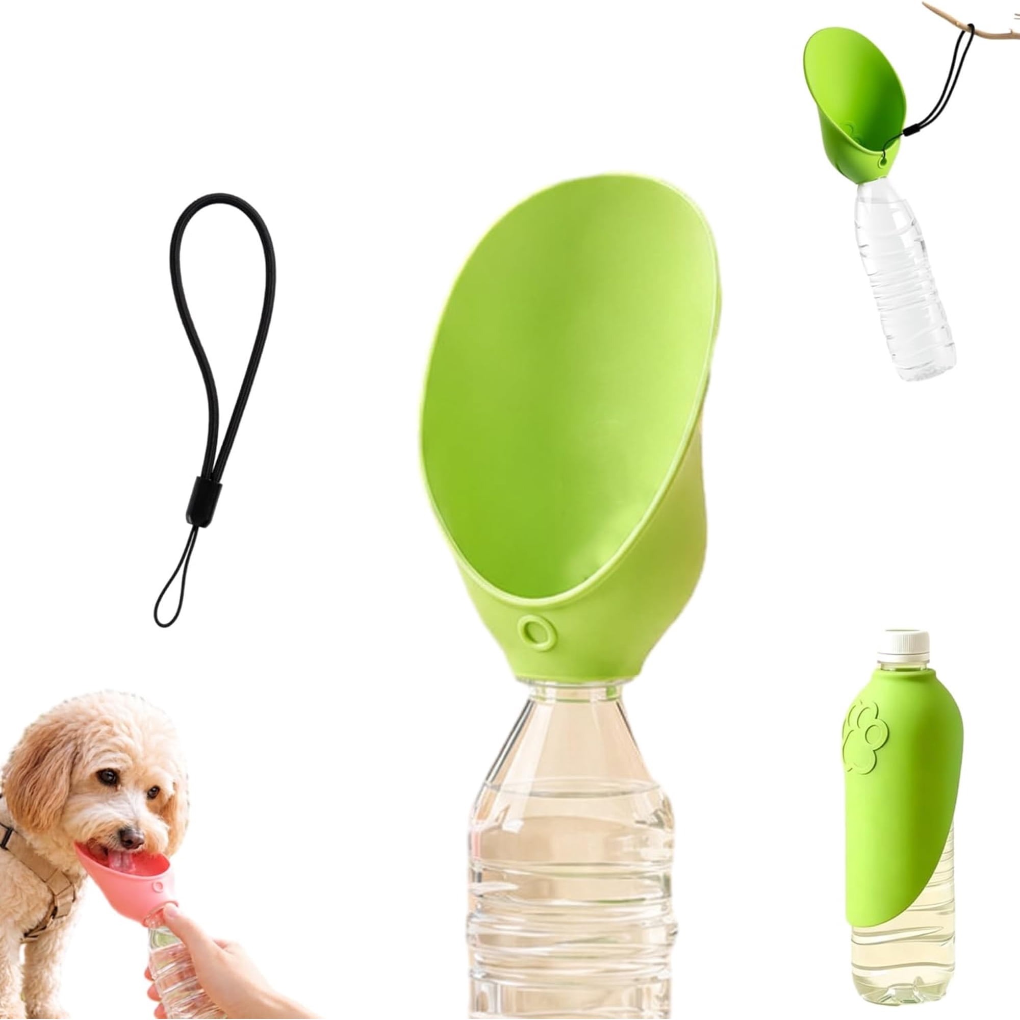 Portable Dog Water Bottle Adapter, Reversible Silicone Leaf Dispenser, Universal Fit Travel Attachment Bowl, Easy Clean Puppy Feeder