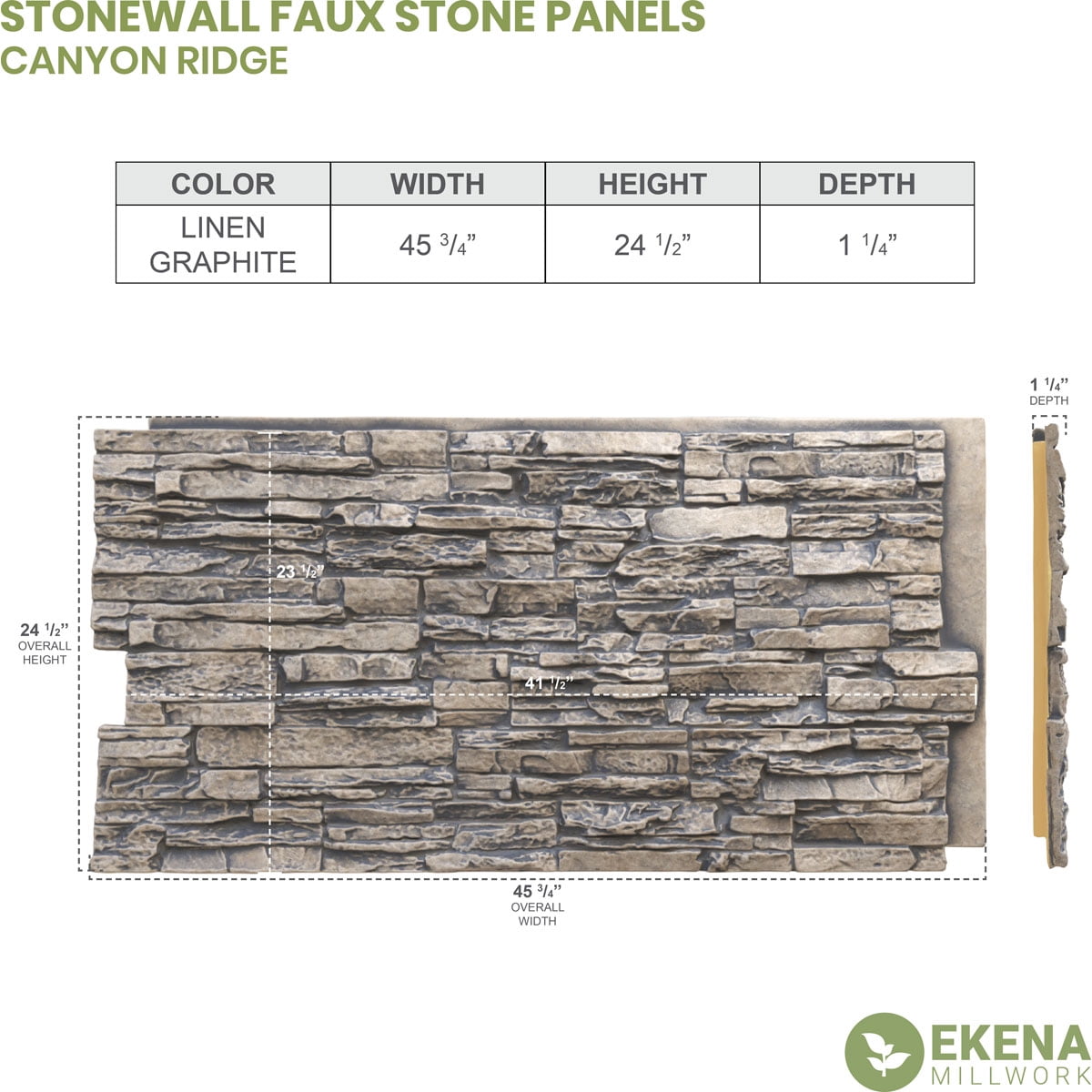Ekena Millwork 45 3/4"W x 24 1/2"H x 1 1/4"D Canyon Ridge Stacked Stone, EverStone Faux Stone Siding Panel, Linen Graphite