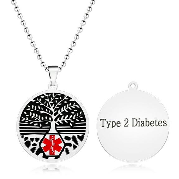 Metaljc Stainless Steel Medical ID Alert Necklace for Men Women,Tree of Life, Type 2 Diabetes