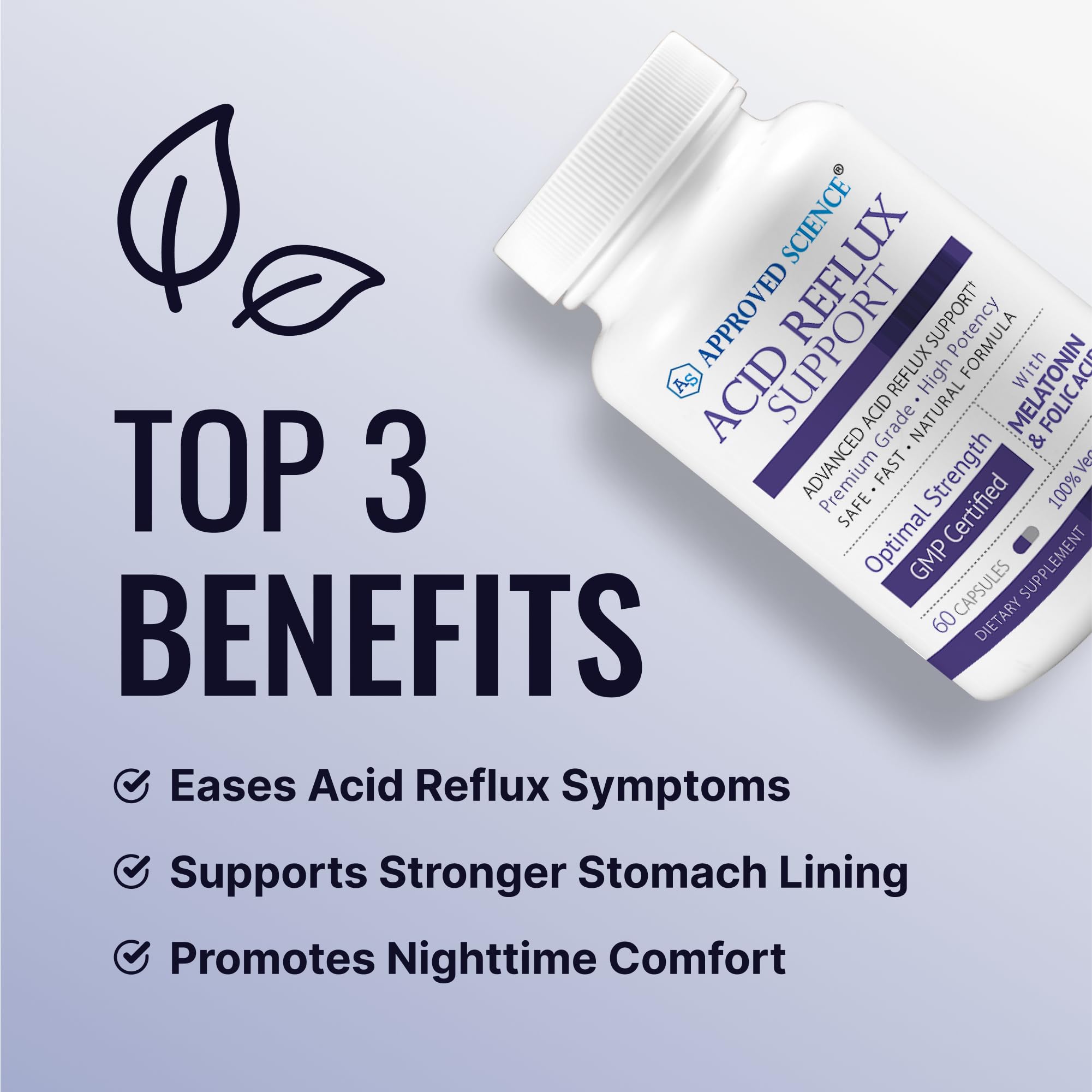 Approved Science Acid Reflux Support - with Melatonin, Marshmallow Root, L-Taurine - 60 Capsules - Vegan