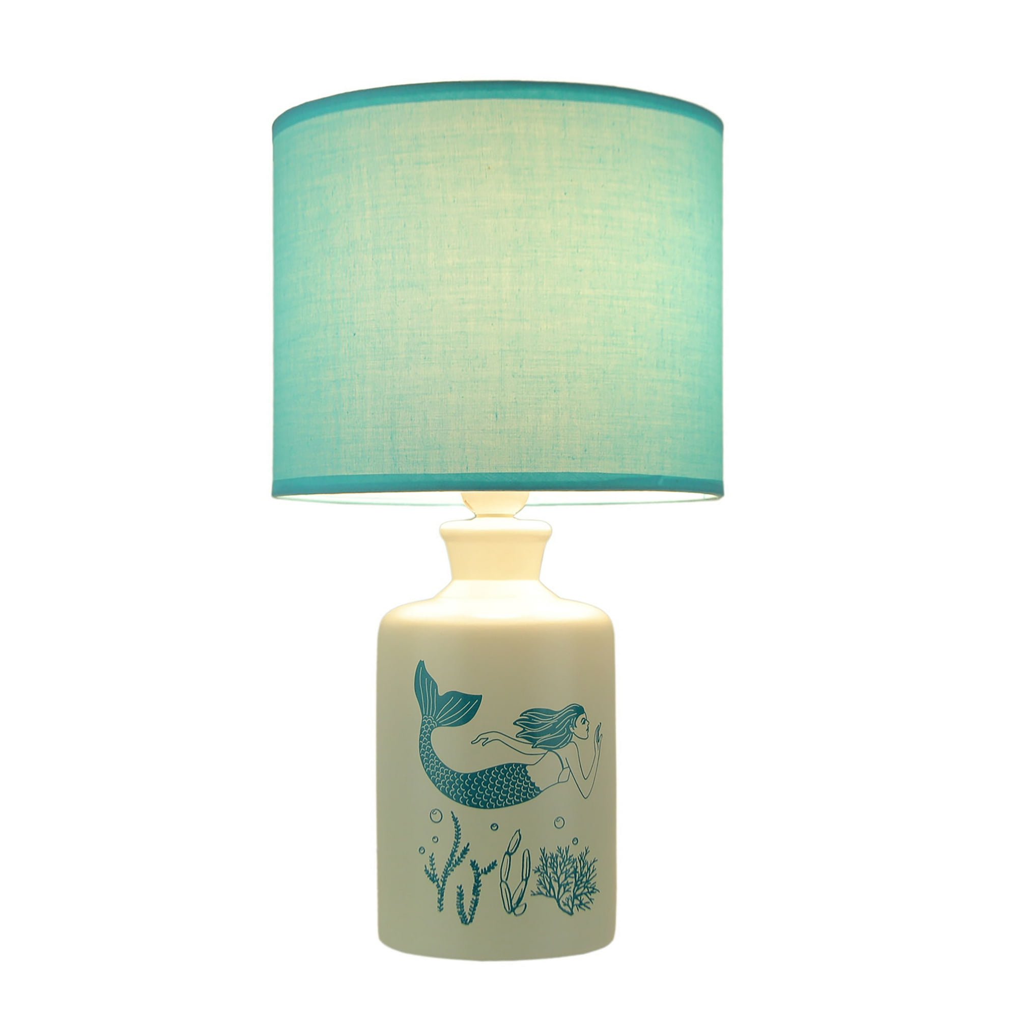 White and Blue Ceramic Swimming Mermaid Table Lamp with Fabric