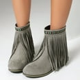 thumbnail image 2 of Boho Ethnic Cowboy Boots for Women Bohemian Long Fringe Suede Pointed Toe Wide Mid Calf Cowgirl Dress Booties Grey Size 8.5, 2 of 7