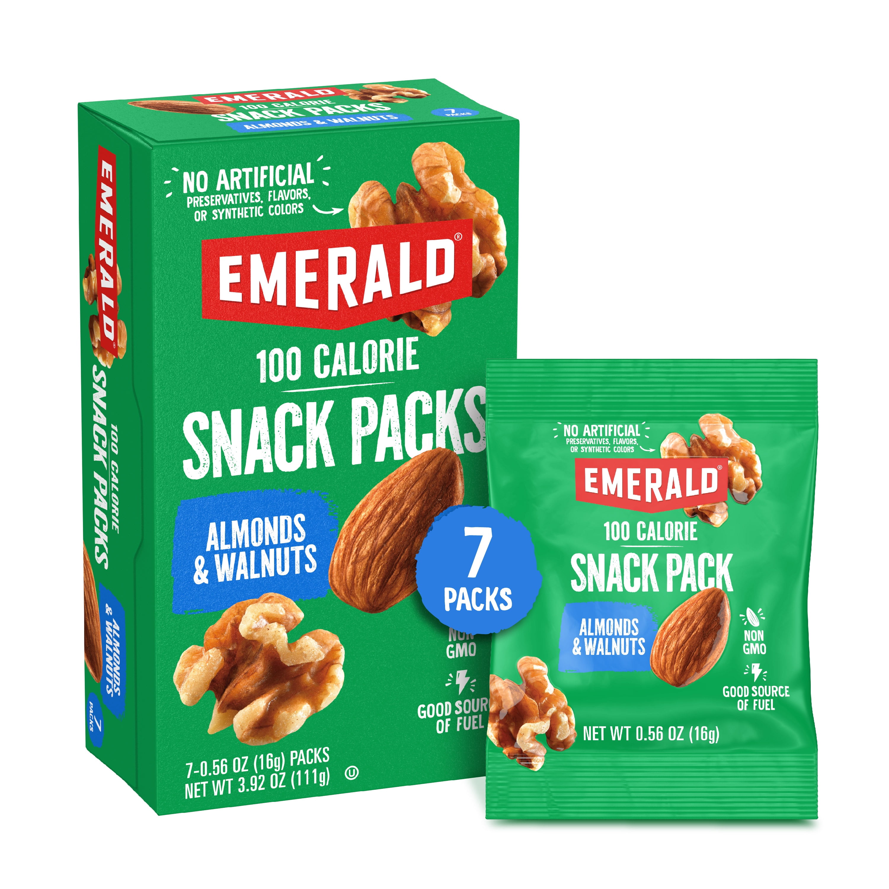 Emerald Nuts, Natural Walnuts & Almonds, 100 Calorie Packs, 7 Ct, 3.92 oz (Pack of 2)